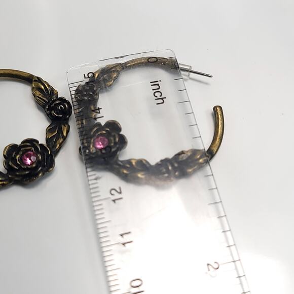 Vintage Bronze Floral Hoop Earrings with Pink Rhinestone Accents Jewelry - Picture 6 of 10